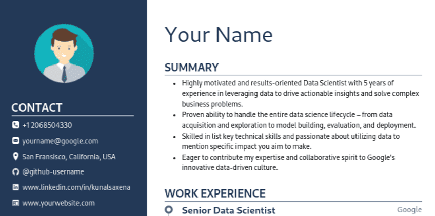 Modern Resume template showing contact information with social links